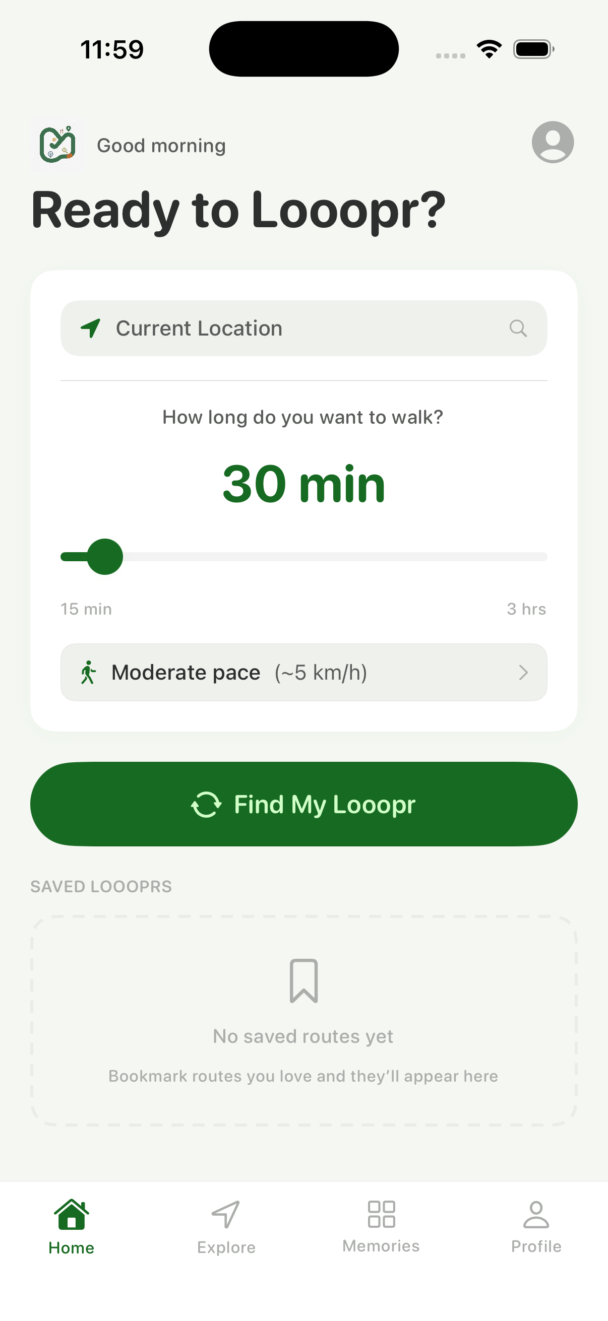 Looopr app home screen showing walking route discovery